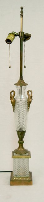 Crystal and brass lamp, swan neck handles, vase form, s: Crystal and brass lamp, swan neck handles, vase form, square base, two sockets, 35"