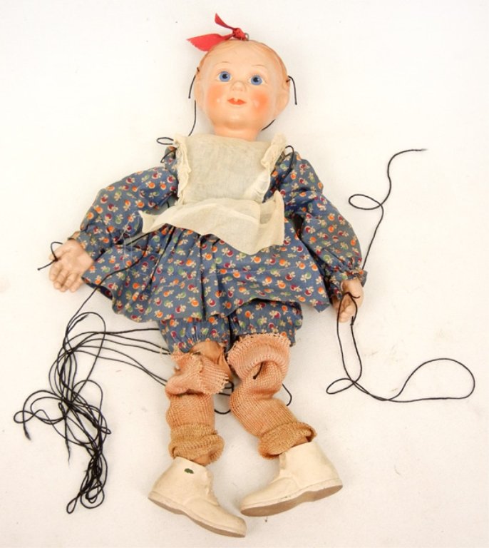 1930s Effanbee Emily Ann marionette: 1930s Effanbee Emily Ann marionette, all original, composition head and arms, wooden body and feet, marked on head "Emily Ann, V. Austin, Effanbee", 13 1/2"