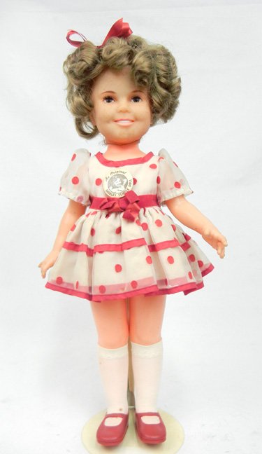 17" Ideal Shirley Temple: 17" Ideal Shirley Temple, 1972, hard plastic, wearing dress, underwear, stockings and shoes, with "An Original Shirley Temple Doll" pin on dress, marked on head and back