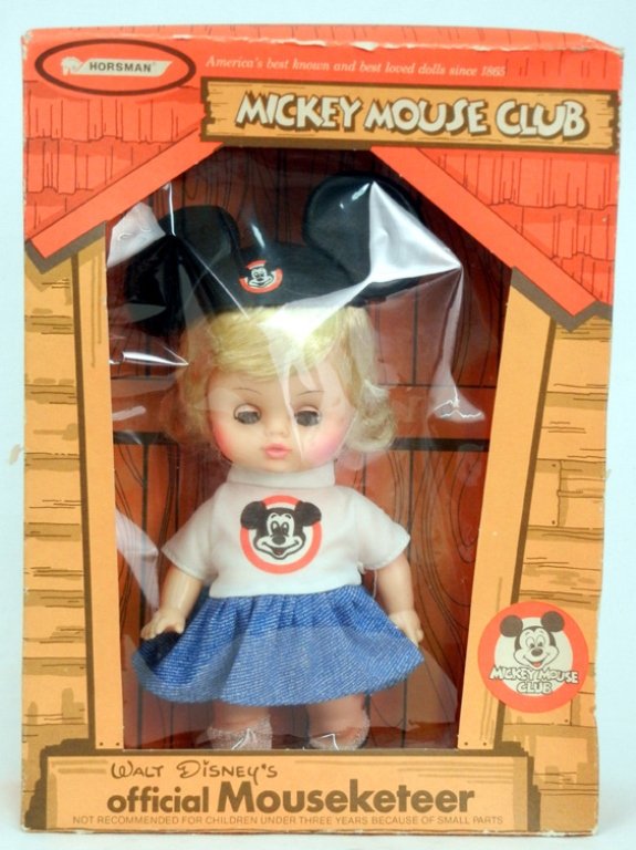 Horsman Mickey Mouse Club Mousketeer doll: Horsman Mickey Mouse Club Mousketeer doll, mint in original box, style no, 70, green sleep eyes, applied lashes, great color, dolls is 8 1/2", box measures 11 3/4" x 8 3/4" x 3"