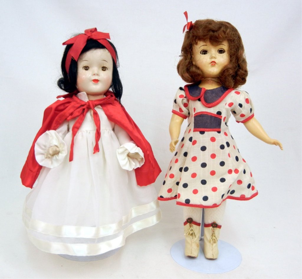 13" composition Snow White doll: 13" composition Snow White doll, sleep eyes, painted and applied lashes, painted closed mouth, wearing replaced clothes, marked "13" on back, and a 14" hard plastic doll by R&B, sleep eyes, applied la