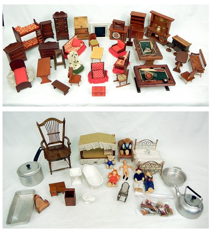 One large lot of wooden doll house furniture: One large lot of wooden doll house furniture, including poster bed, bunk beds, chairs, two pool tables, living room set, dressers, kitchen hutch, cabinet, slant front desk, bench, mirrors, tables, tv,