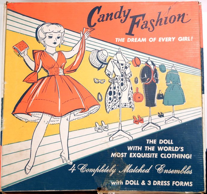 Candy Fashion doll with four complete ensembles: Candy Fashion doll with four complete ensembles by Deluxe Reading Corp in original box, doll is 22" high, almost complete set, missing purple hat, three purses and sunglasses