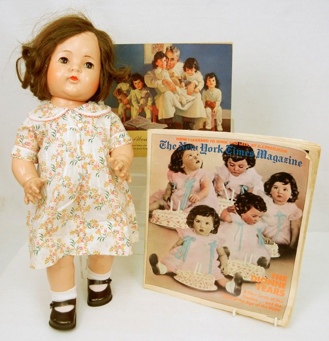 1930s all composition Madame Alexander Dionne Quint: 1930s all composition Madame Alexander Dionne Quint Doll, brown sleep eyes, painted and applied eyelashes, painted closed mouth, marked on head and back, original human hair factory wig, 19" tall, wit