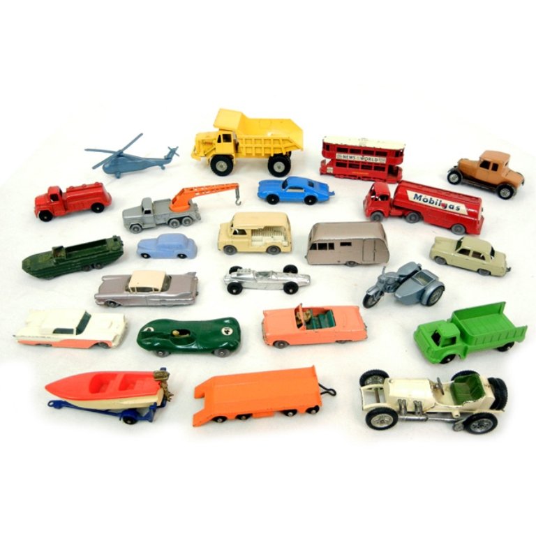 Grouping of twenty-one diecast cars: Grouping of twenty-one diecast cars, mostly Matchbox series by Lesney, four by Tootsietoy, plastic boat by Lesney, plastic car by Empire, and a plastic helicopter