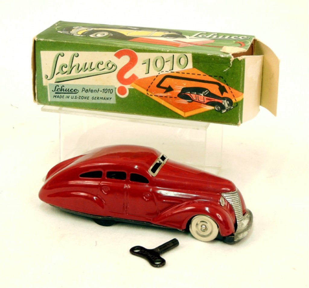 Schuco 1010 wind-up tin toy car: Schuco 1010 wind-up tin toy car in original box, with key, Made in U.S. Zone - Germany, 2" x 5 1/2" x 2"