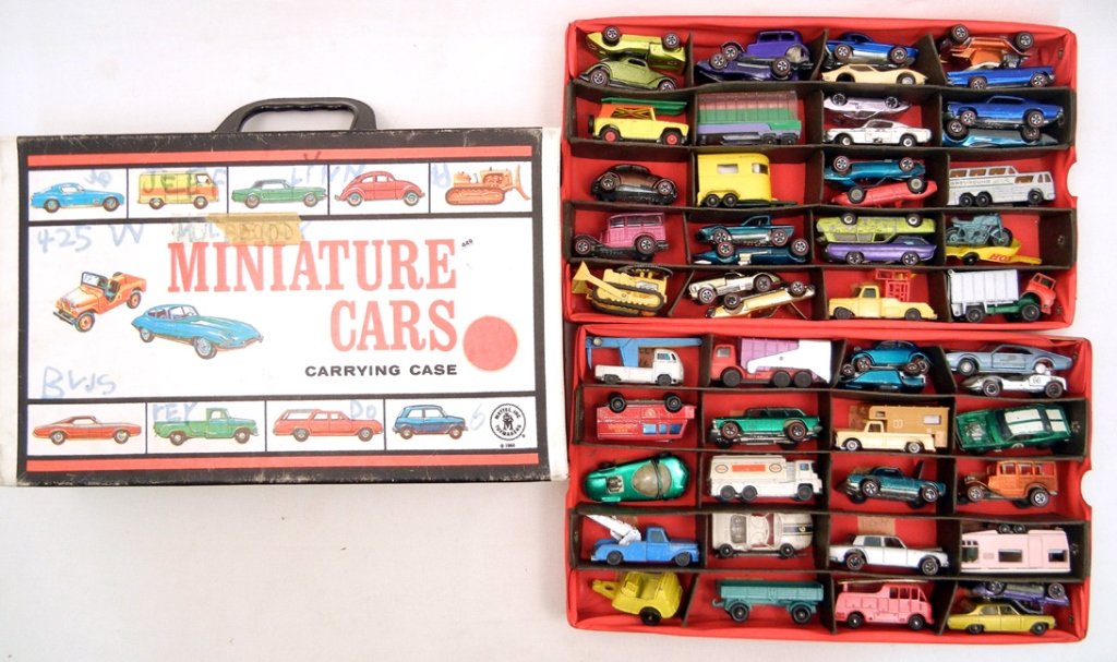 Large grouping of Hot Wheels cars: Large grouping of Hot Wheels cars, twenty-seven are red-line cars, in a carrying case, one Mattel Hot Wheels badge, some Lesney, Aurora and Tootsietoy, case measures 8 3/4" x 13 1/4" x 3 1/2"