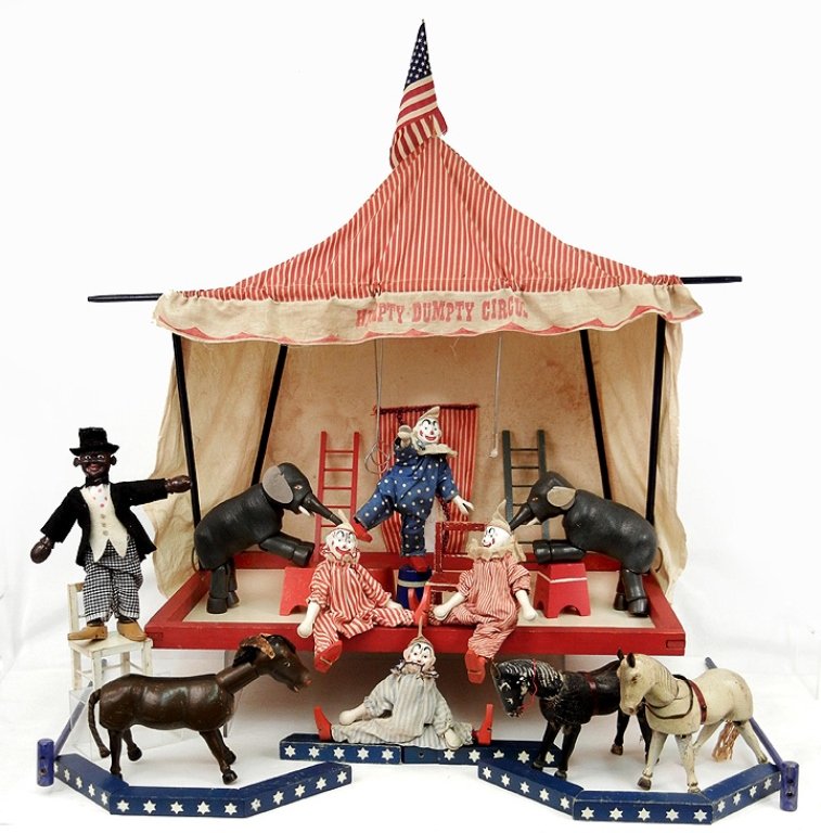 Schoenhut Humpty Dumpty Circus set: Schoenhut Humpty Dumpty Circus set, with original rare tent, four clowns, two elephants, black ring master, two horses, donkey and accessories including chairs, swing, blocks, ladders and more, tent m