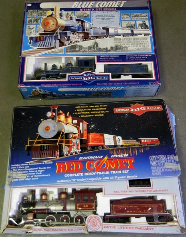 Two Bachmann Big Haulers G scale train sets: Two Bachmann Big Haulers G scale train sets, includes Red Comet and Blue Comet, both electronically operated, ready to run sets in original boxes, largest box measures 25 1/4" x 32 1/2" x 7 1/2"