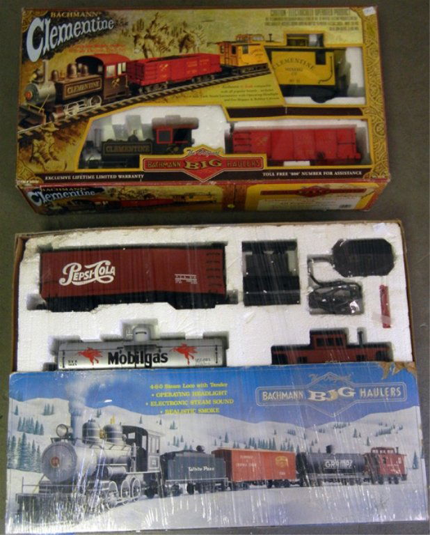 Two Bachmann Big Haulers G scale train sets: Two Bachmann Big Haulers G scale train sets, includes Clementine and another set in box, both electronically controlled and ready to run, 24" x 32 1/2" x 7"