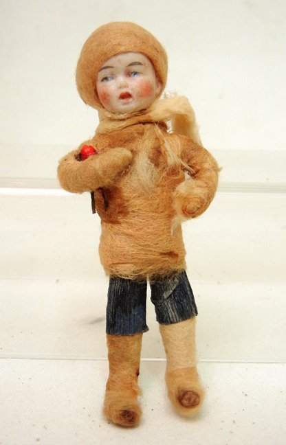 Rare 4" Christmas doll,: Rare 4" Christmas doll, used as an ornament, bisque head, painted features, spun cotton clothes