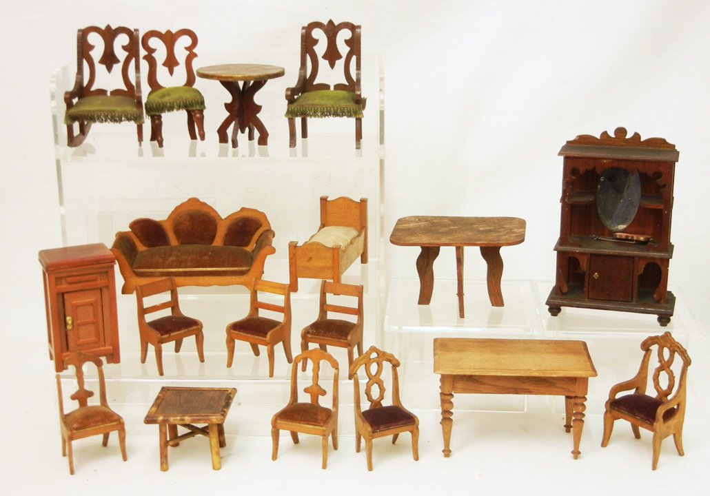 Grouping of early doll house furniture,: Grouping of early doll house furniture, mostly Schneegas German furniture, including sofa, tables, chairs, bed, cabinet, and more