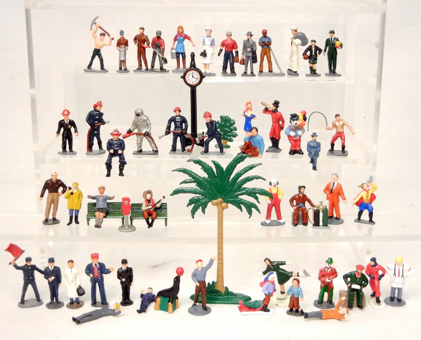 Grouping of fifty-six miniature diecast lead figurines,: Grouping of fifty-six miniature diecast lead figurines, including firefighters, clowns, bull tamer, and much more, unmarked