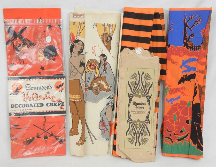 Grouping of Dennison's decorated crepe paper,: Grouping of Dennison's decorated crepe paper, including Halloween still in its wrap 10' x 20", Halloween with wrap, small sample of a ghoul with pumpkin and cats, section of just black and orange stri