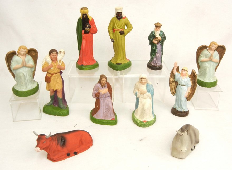 Early German creche pieces, ca. 1920's,: Early German creche pieces, ca. 1920's, papier mache composition, including Mary, Joseph, the Three Kings, two angels, Shephard boy, donkey, and bull, all marked Germany, tallest size 6 1/2"