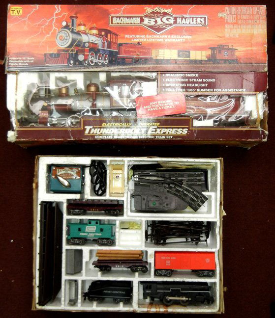 Two train sets in boxes, including Marx Big Rail Work T: Two train sets in boxes, including Marx Big Rail Work Train, and Bachmann Big Haulers Thunderbolt Express
