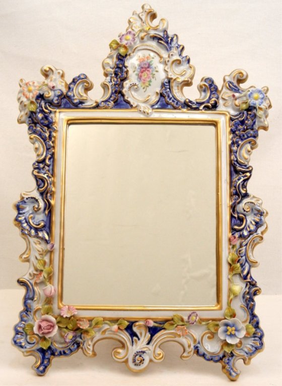 Sevres porcelain framed mirror: Sevres porcelain framed mirror, easel back, hand painted and applied floral decoration 16 1/2" x 10 1/2"