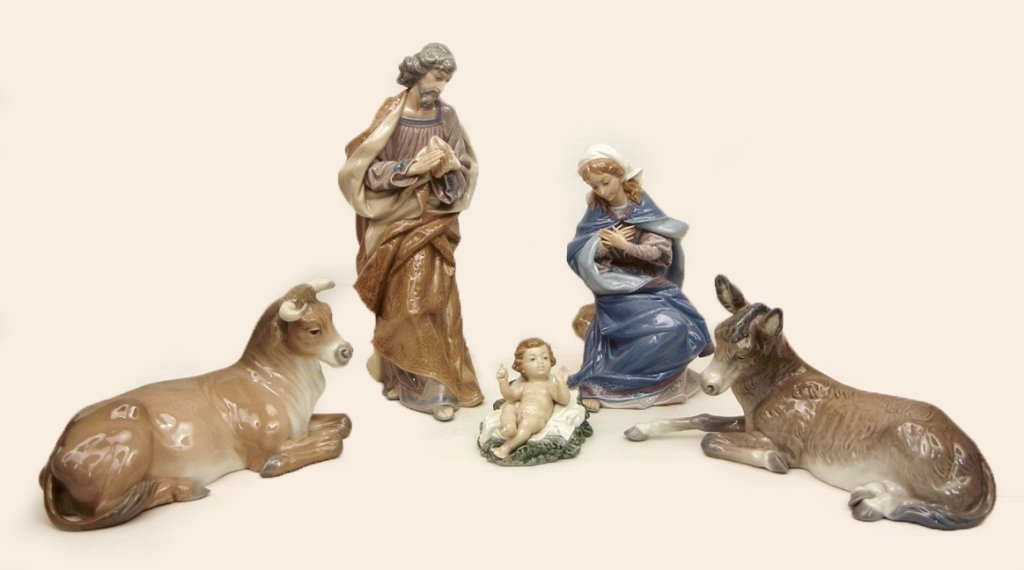 Lladro five piece Nativity Set: Lladro five piece Nativity Set, including "St. Joseph" No. 1386, 13" high, "Mary" No. 1387, 9 3/4" high "Baby Jesus" No. 1388, 3 1/4" high, "Donkey" No. 1389, 6" high, and "Cow" No. 1390, 5 1/4" high
