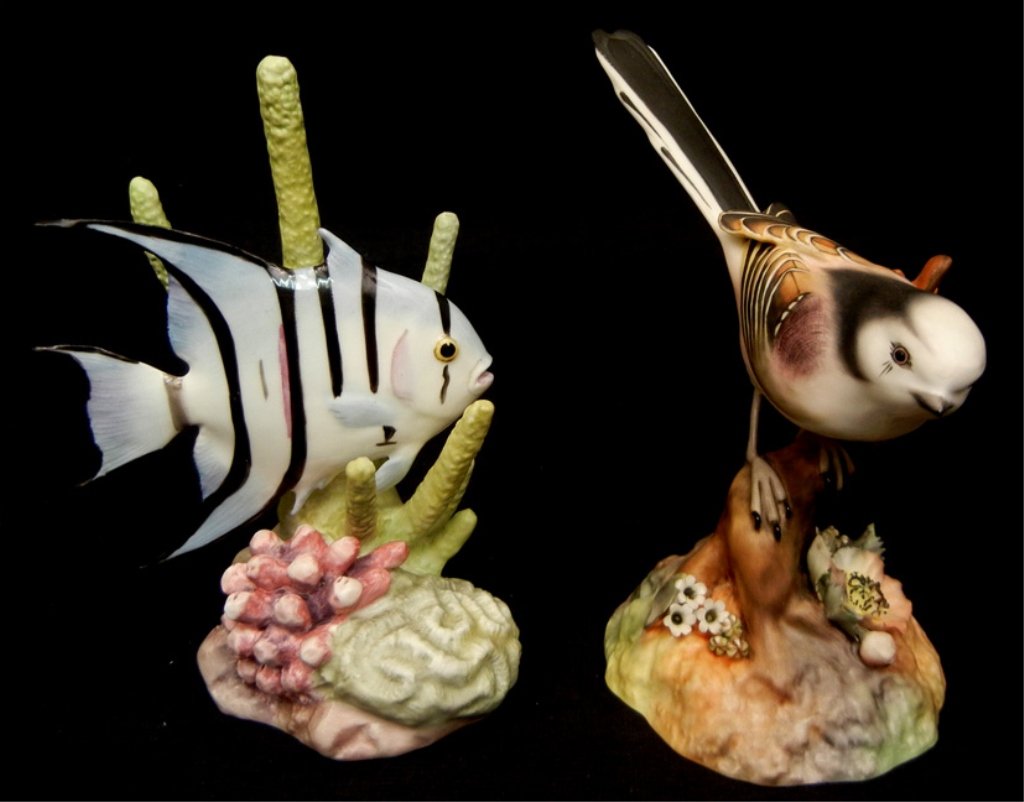 Two porcelain animal figurines: Two porcelain animal figurines, Royal Crown Derby "Long Tailed Tit" marked and signed L. Payne, 5" high, and Royal Worcester "Spade Fish", #3579, modelled by R. Van Ruyckevelt, 5 1/4" high