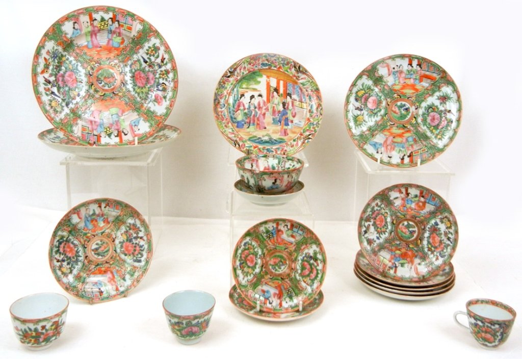 Grouping of Rose Medallion: Grouping of Rose Medallion, seventeen pieces total, including plates, tea cups, and saucers, largest plate measures 9 5/8" diameter, figural scenes, bird and floral scenes, two small plates marked "Ch