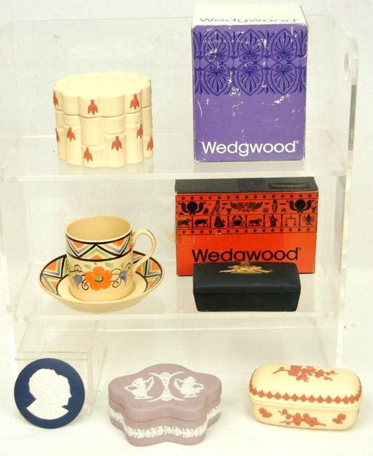 Grouping of Wedgwood modern mostly jasperware: Grouping of Wedgwood modern mostly jasperware, includes primrose and terra cotta candy box bamboo shape with box, primrose and terra cotta covered dresser jar, lilac covered dresser jar, gilded black