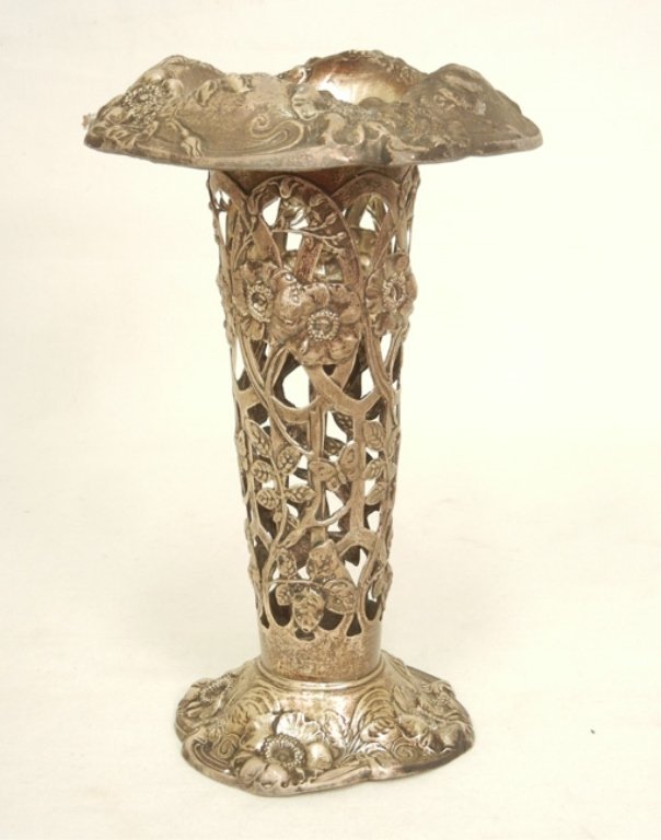 Frank M. Whiting sterling silver pierced vase: Frank M. Whiting sterling silver pierced vase, repousse floral, foliate and butterfly design, pre 1940, 9 1/2" high, 8.690 troy ounces