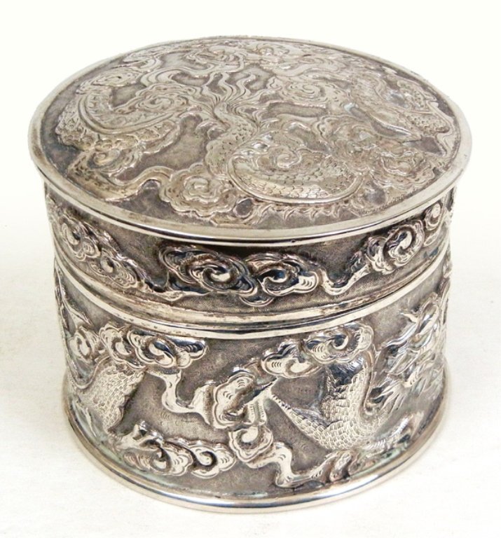 Chinese Export silver box with lid: Chinese Export silver box with lid, repousse dragons and cherubs, gold wash interior, hallmarked on bottom, with Chinese silver mark "WA, 90", after 1840, 3" high x 3 3/4" diameter, 8.510 troy ounces