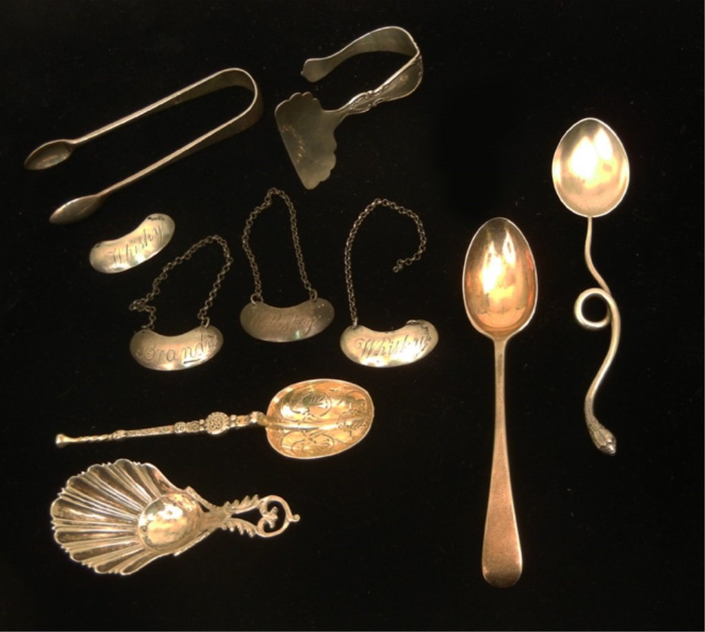 Grouping of sterling silver pieces: Grouping of sterling silver pieces, including Thomas Bradbury & Sons, Sheffield, England, spoon 3 5/8" long, c. 1915, Holland Aldwinckle & Slater, London, sugar tongs 3 3/4" long, engraved, c.1913, Jo