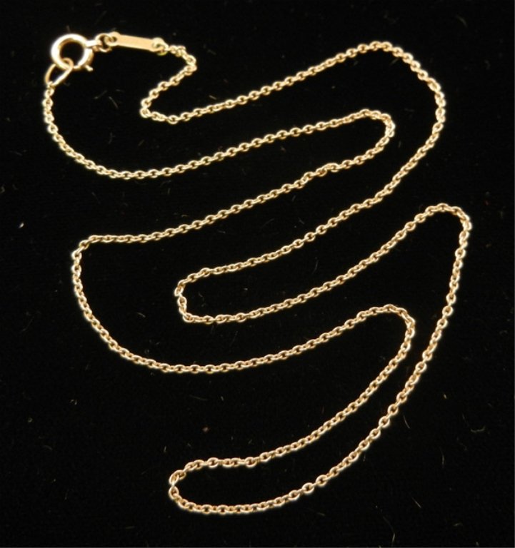 Tiffany gold chain: Elsa Peretti for Tiffany 18k gold fine link chain, 15" long, marked Tiffany & Co., Peretti, 18K, weight 1.5 grams/0.9 dwt, mid 20th C.