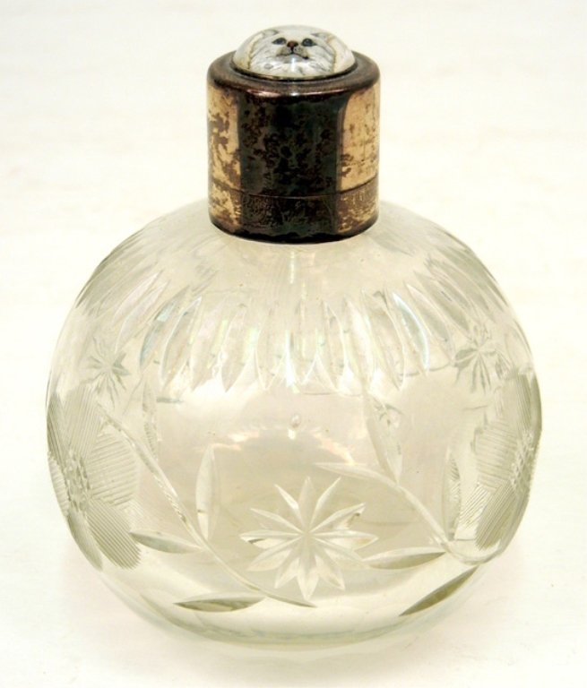 Perfume bottle with cat motif Essington crystal stopper: Cut glass perfume bottle, polished bottom, 3 3/4" high, sterling silver hinged top with Essington crystal cat, hallmarked London, England, 1910