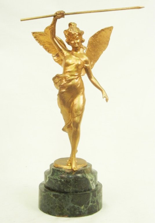 Spelter statue of Victory: Spelter statue of Victory, mounted on marble base, gilt decorated, holding spear, unmarked, angel 11 1/4" high, to the base 15" high