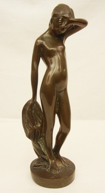Bronze nude statue: Bronze nude statue, woman holding dress with arm draped over face, unmarked, ca. 1900, 12 1/4" high