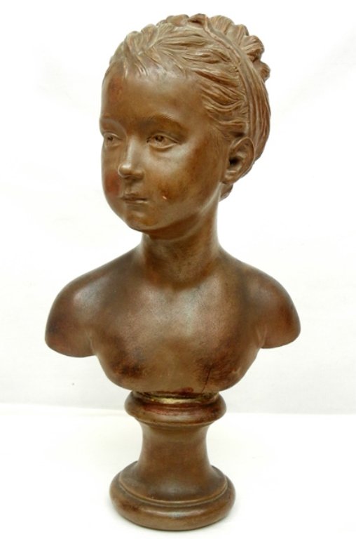 Redware bust of Louise Brongniart after Houdon: Redware bust of Louise Brongniart after Houdon, signed lower back "Louise Brongniart J'apes Houdon" label on base "Au Grand Siecle, 420, Rue Sehondre", 19" high x 10 1/4" across