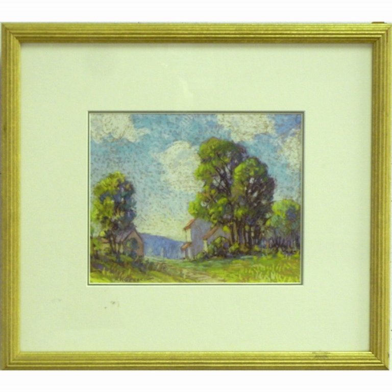 A.(Albert) VN (Van Nesse) Greene, pastel on paper: A. (Albert)V.N. (Van Nesse) Greene pastel on paper, landscape, signed lower left, 19th-20th C. American, Philadelphia artist, sight size 8" x 10", frame size 16 3/4" x 18 3/4", artist label on verso