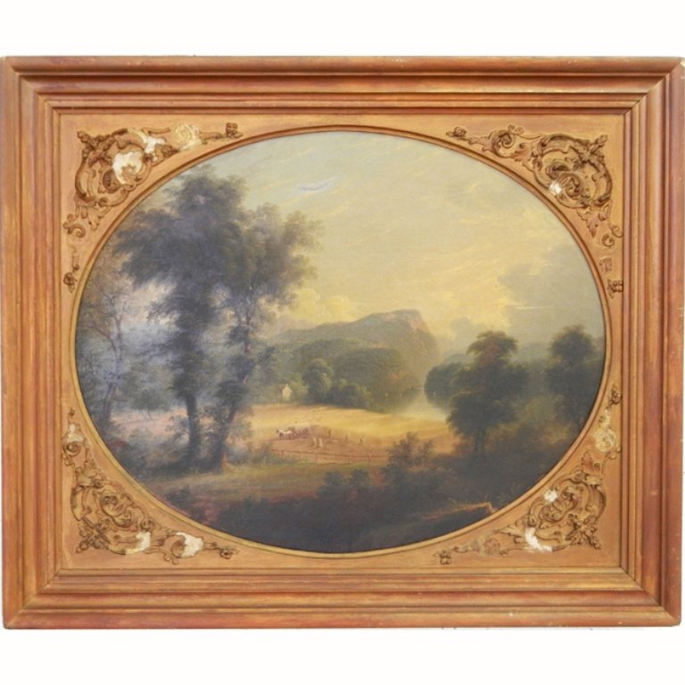 E. (Edmund) C. Coates, oil on canvas: E. (Edmund) C. Coates, oil on canvas, landscape, cutting wheat in field overlooking river, lower Hudson Valley scene, inscription E.C. Coates 1859, 19th C. American, Hudson River School, sight size 22
