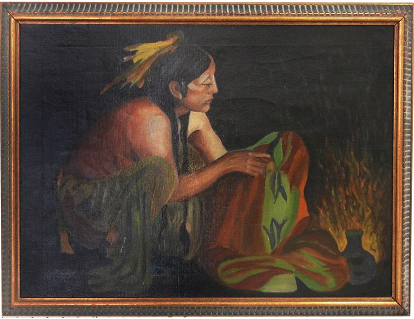 (After) E. (Eanger) Couse, oil on canvas: (After) E. (Eanger) Couse, oil on canvas, seated Native American Indian holding blanket, ("The Strange Blanket" or known as "The Bird Blanket"), signed lower left, sight size 17" x 24", frame size 20 