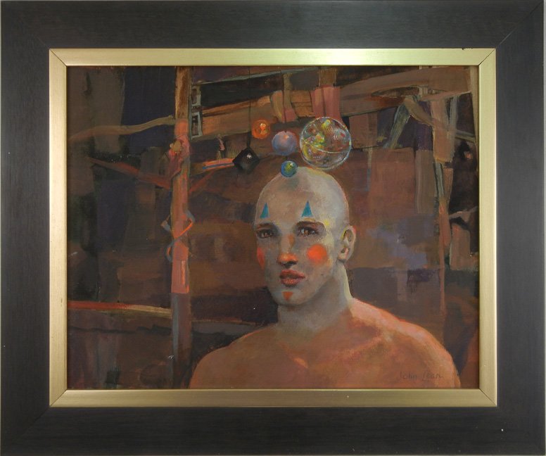 John Lear, oil on board: John Lear, oil on board, titled "A Clown's Baubles", a white faced clown facing forward, dated '97, signed lower right, 20th C. American, sight size 11" x 14"