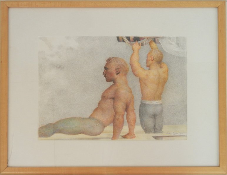 John Lear, colored pencil and graphite: John Lear, colored pencil and graphite, titled "Al Fresco", two acrobats bare to waist, wearing tights, signed lower right, sight size 11" x 14"