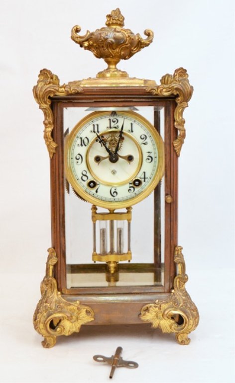 Ansonia crystal regulator clock: Ansonia crystal regulator clock, with pendulum and key, 15 1/4" high