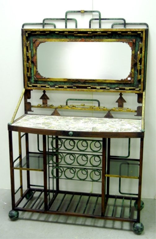 Joseph Adams distressed iron and wood sideboard: Joseph Adams distressed iron and wood tiled sideboard, signed by sculptor/designer with brochure, late 20th C., 76 1/2" high x 47" x 20 1/2"