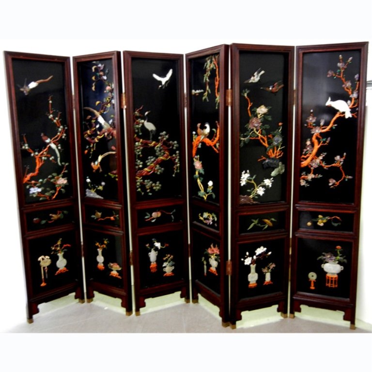 Chinese inlaid rosewood screen: Chinese inlaid rosewood screen, bird, floral and foliate semi-precious stone inlay, six panels, 75" high