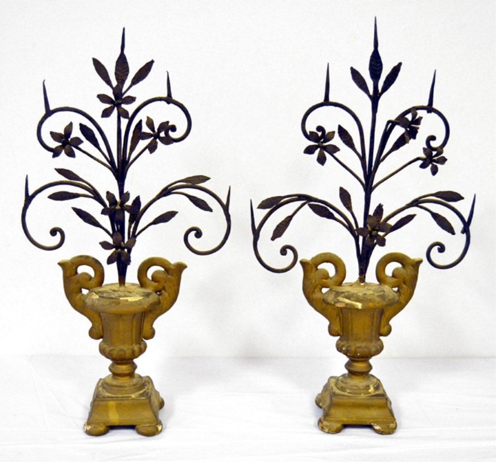Pair of gilt painted Victorian mantle garnitures: Pair of gilt painted Victorian mantle garnitures, floral vase form, with prickets for candles, four ball feet, wood and iron, 25 1/2" high x 14 1/2"