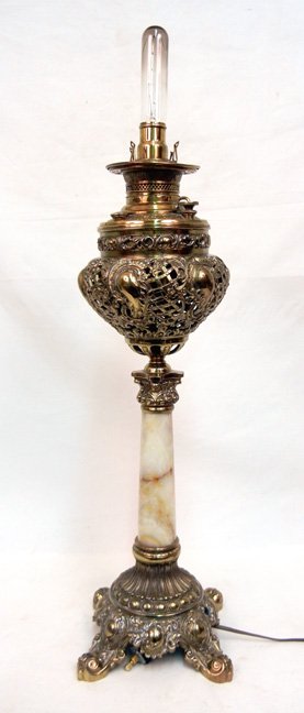 Miller banquet lamp: Miller banquet lamp, pierced brass font over marble column, brass base, 30 1/4" high