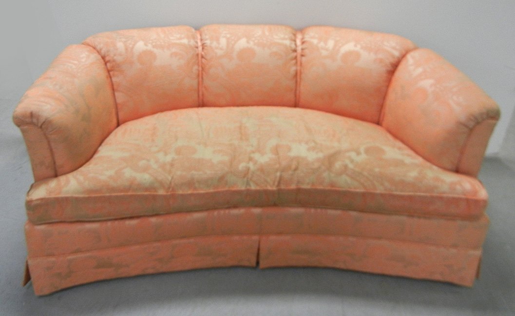 Drexel Heritage loveseat: Drexel Heritage loveseat, apricot upholstery with pagoda, Japanese garden and geisha design, curved back, skirt on bottom. John Wanamaker cloth label. 27"h x 60" x 36"