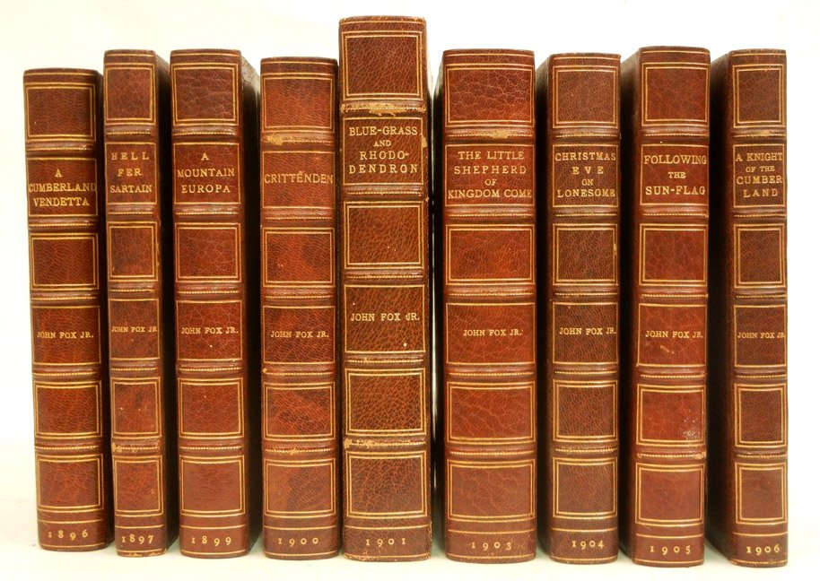 Books by John Fox, Jr.: Books by John Fox, Jr., published by Charles Scribner's Sons, New York, nine volumes, rebound 1/2 bound with marbelized boards, original cloth boards tipped in back of book, late 19th to early 20th C.