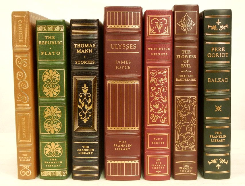 Lot of seven Heritage Press leather bound books: Lot of seven Heritage Press leather bound books, published by Franklin Library, illustrated, late 20th C., including Ulysses, Wuthering Heights, Stories by Thomas Mann, The Flowers of Evil, Pere Gorio