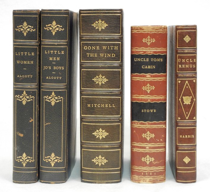 Five 3/4 gilt leather bound books: Five 3/4 gilt leather bound books, illustrated, ribbed spines, late 19th and early 20th C., including Uncle Tom's Cabin by Harriet Beecher Stowe, ca. 1881, published by Houghton, Mifflin and Company, 