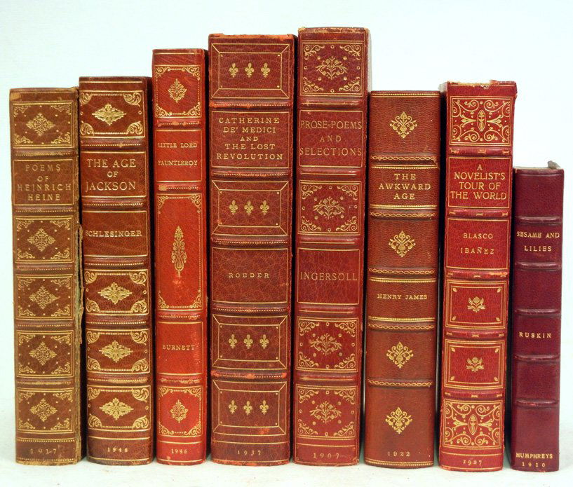 Eight 3/4 gilt leather bound books, 20th C.: Eight 3/4 gilt leather bound books, early to mid 20th C., ribbed spines, including Sesame and Lilies by John Ruskin, published by The Royal Library Belles Lettres Series Arthur L. Humphreys, ca. 1910,