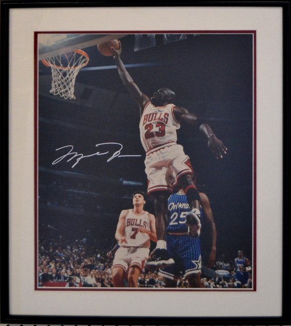 Framed autographed Michael Jordan "Jumpman": Framed and double matted autographed Michael Jordan "Jumpman", Limited Edition 176/300, COA by Upper Deck BAJ02702, frame size 25" x 21"