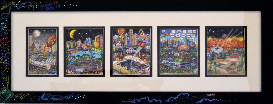 Framed 5-sectioned pop art from Charles Fazzino: Framed and double matted 5-sectioned Super Bowl pop art from Charles Fazzino, Arizona, Giants 17 Patriots 14, frame size 11" x 29 1/4"